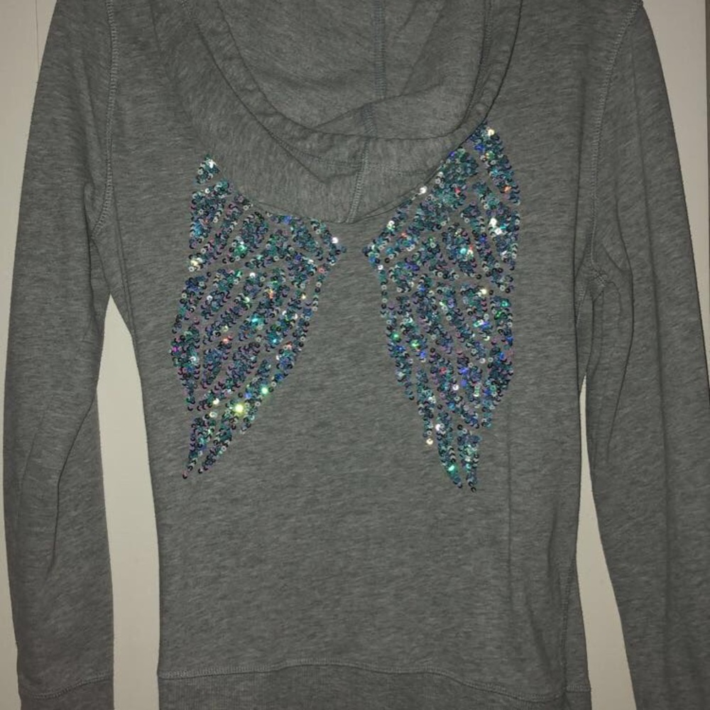 Victoria Secret Grey Zip Up Jacket with Sequins Wings on Back Size Medium.